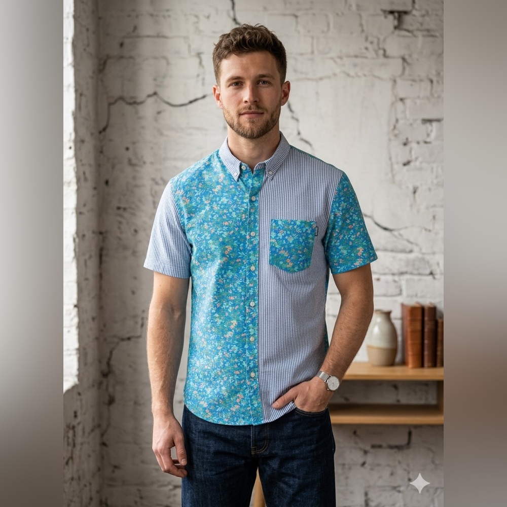 Chubbies‎ Blue Floral & Striped Short-Sleeve Button-Up Shirt Fun Beach Casual
